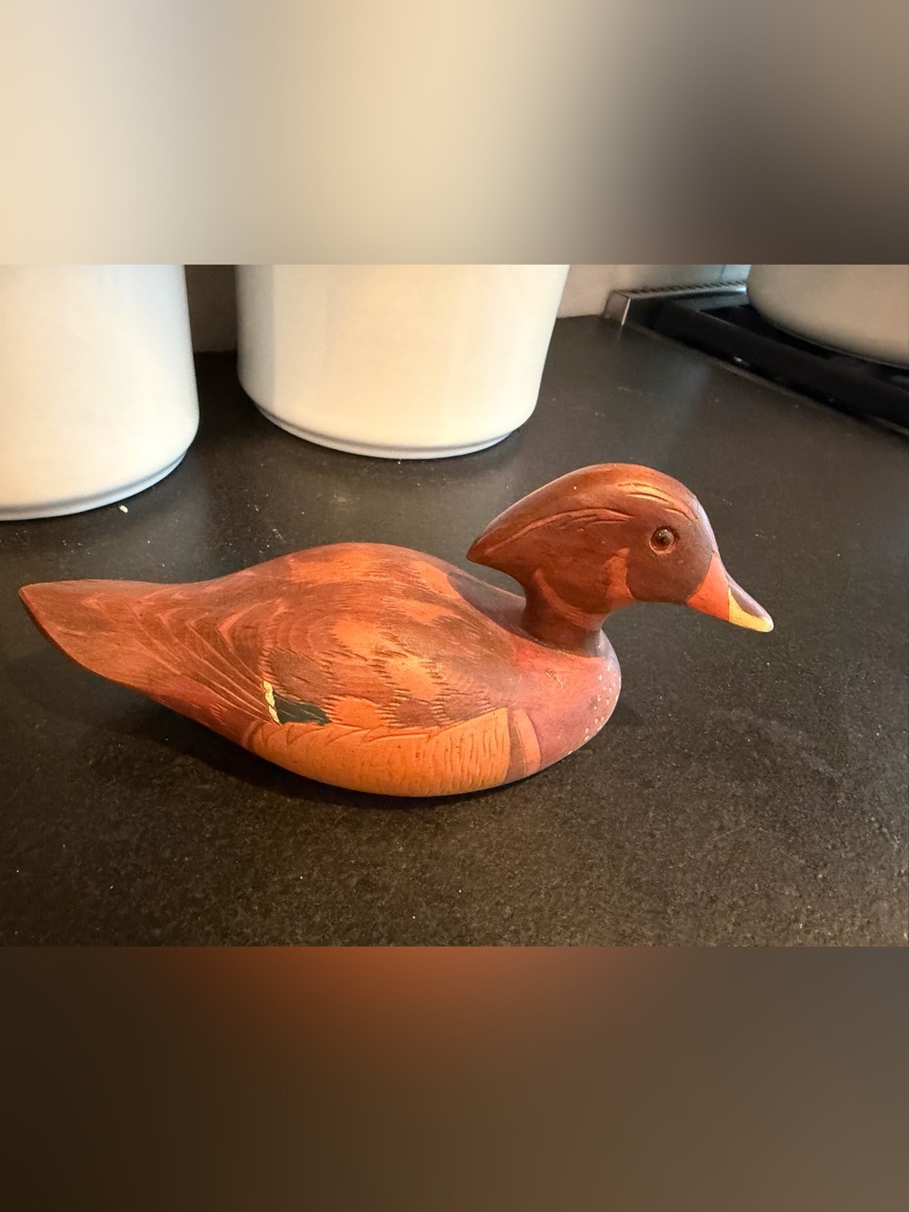 Vintage Hand Carved Signed Wooden Duck Decoy with Chipped Beak 1973